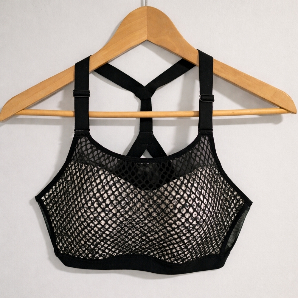 Victoria’s Secret Mesh Sports Bra 34D Black White Sheer Strappy Bra